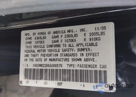 2006 Honda Accord 3.0 Lx from USA, damaged, VIN 1HGCM822X6A006570